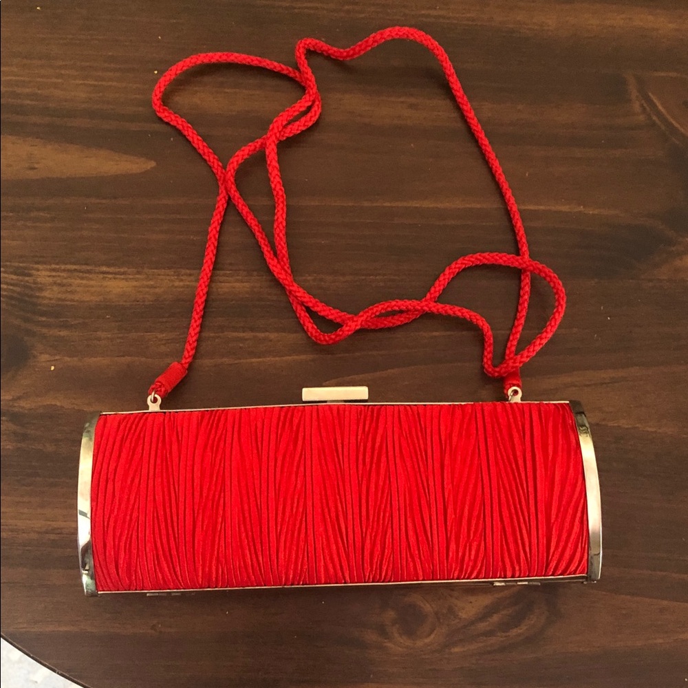 Red Ruched Evening Clutch Bag with Shoulder Strap